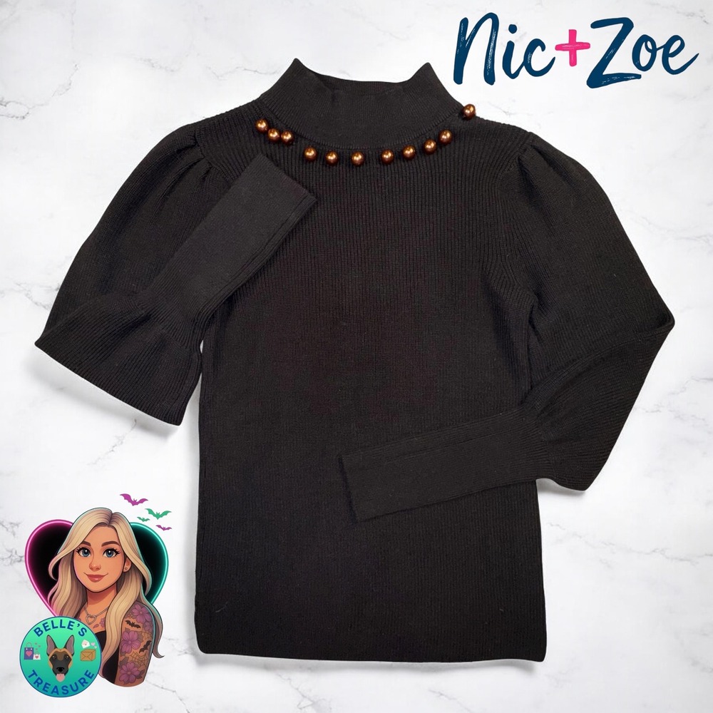NIC+ZOE Sweater Women's XS Black Mock Neck Puff Sleeve‎ Faux a
Pearl Beaded $158